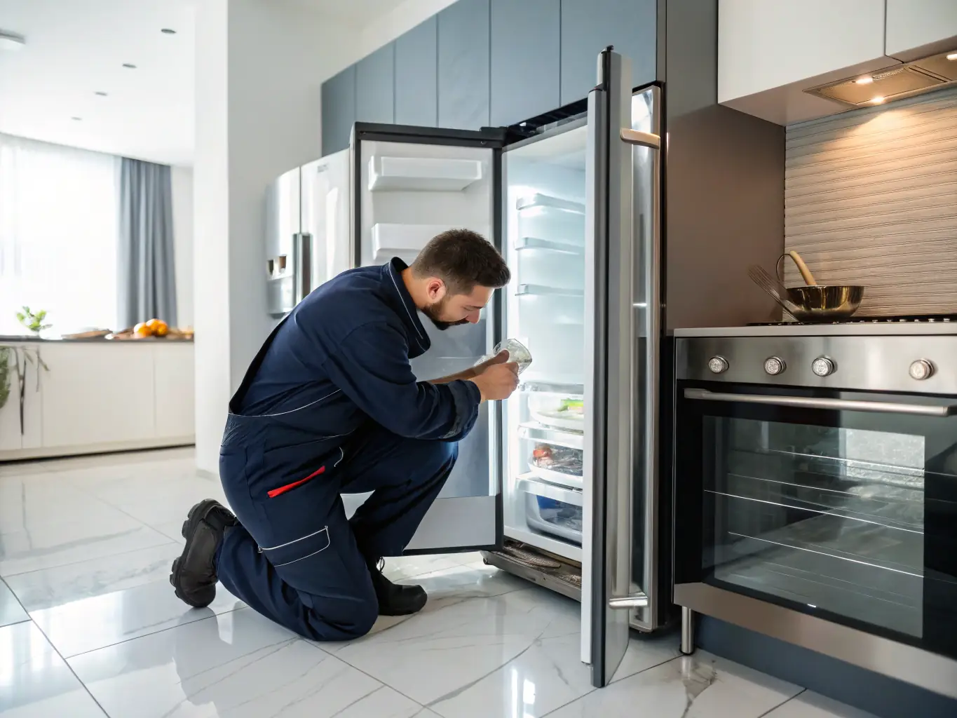 A close-up shot of a technician expertly repairing the inside of a refrigerator, with various tools and components visible, set in a well-lit, modern kitchen.