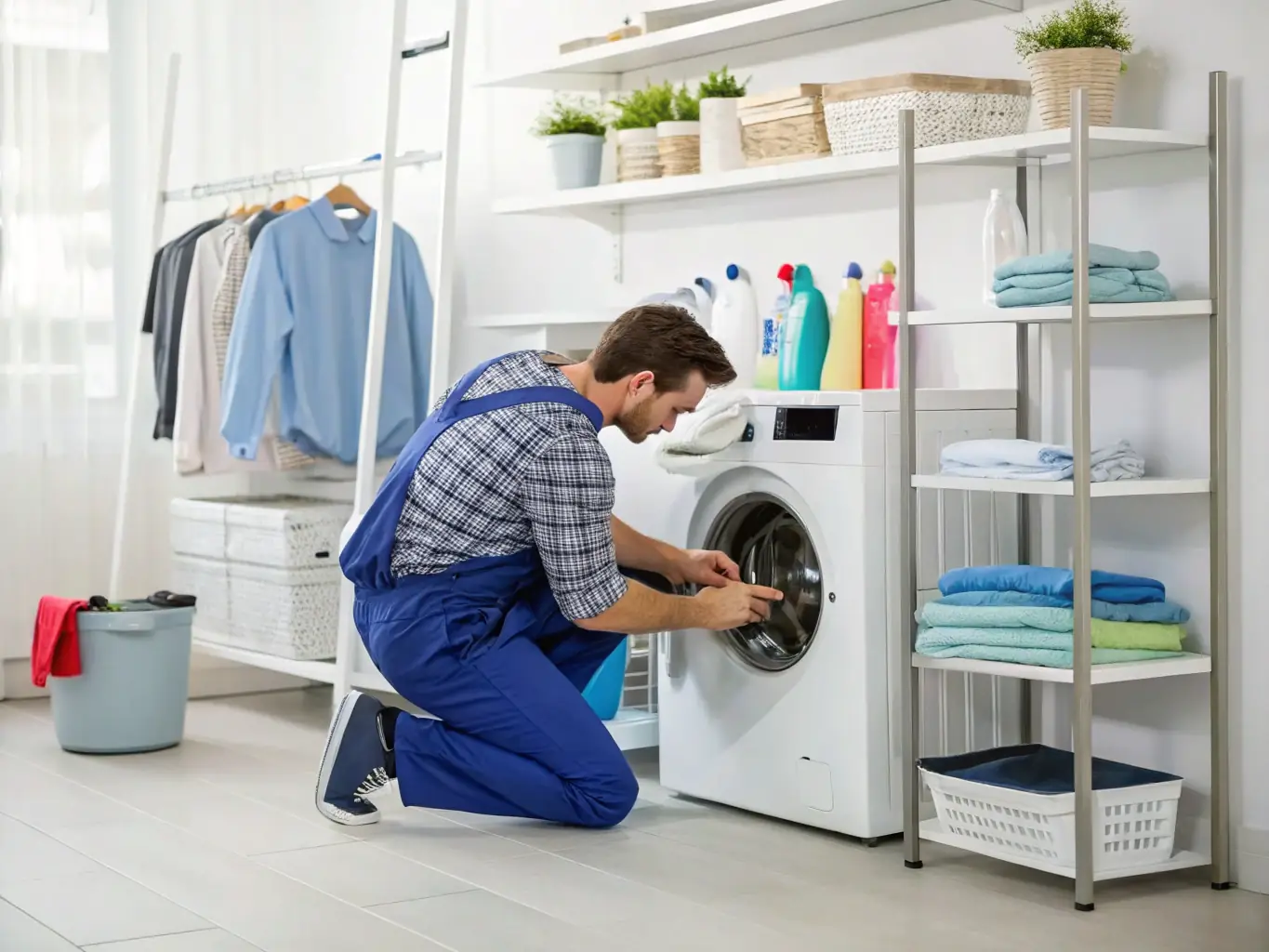 A technician working on a washing machine in a home laundry room, with tools and spare parts neatly organized around the workspace.