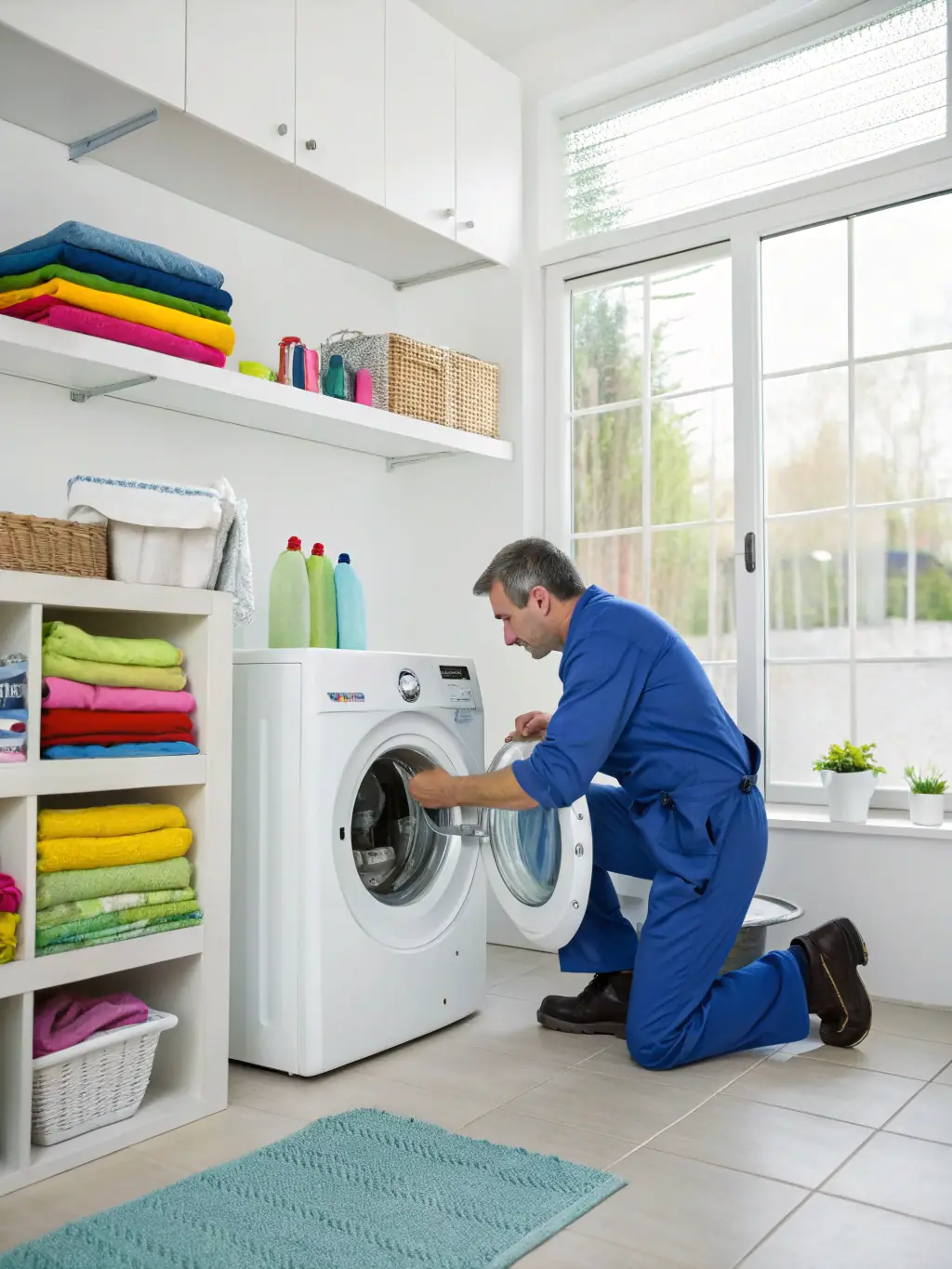 A technician diligently working on a washing machine in a well-equipped laundry room, showcasing the tools and expertise used to diagnose and fix common issues.