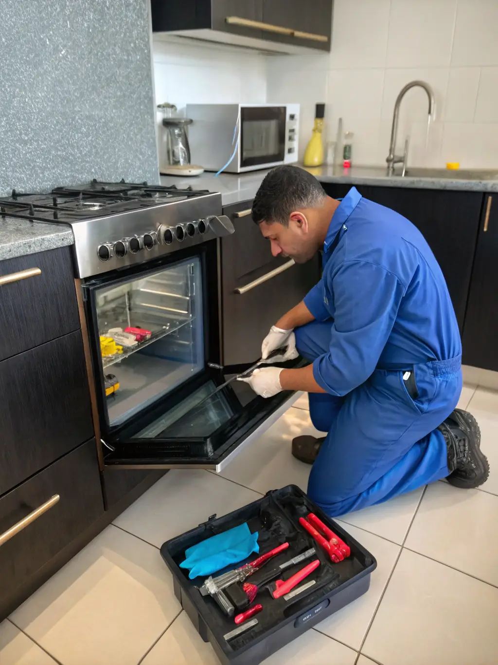 A skilled technician carefully repairing an oven in a modern kitchen, highlighting the attention to detail and technical expertise required for oven repairs.