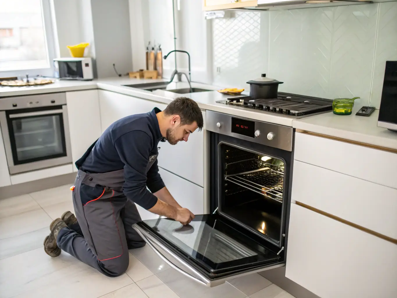 A technician carefully examining the control panel of an oven in a modern kitchen, highlighting the attention to detail and diagnostic skills required for oven repairs.