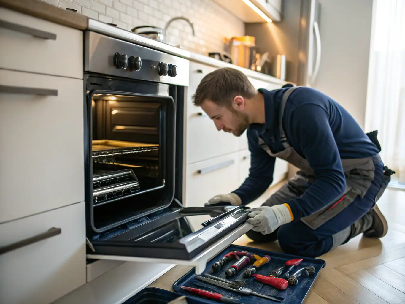 A technician carefully repairing an oven in a modern kitchen, with a focus on the intricate details of the appliance's internal components.