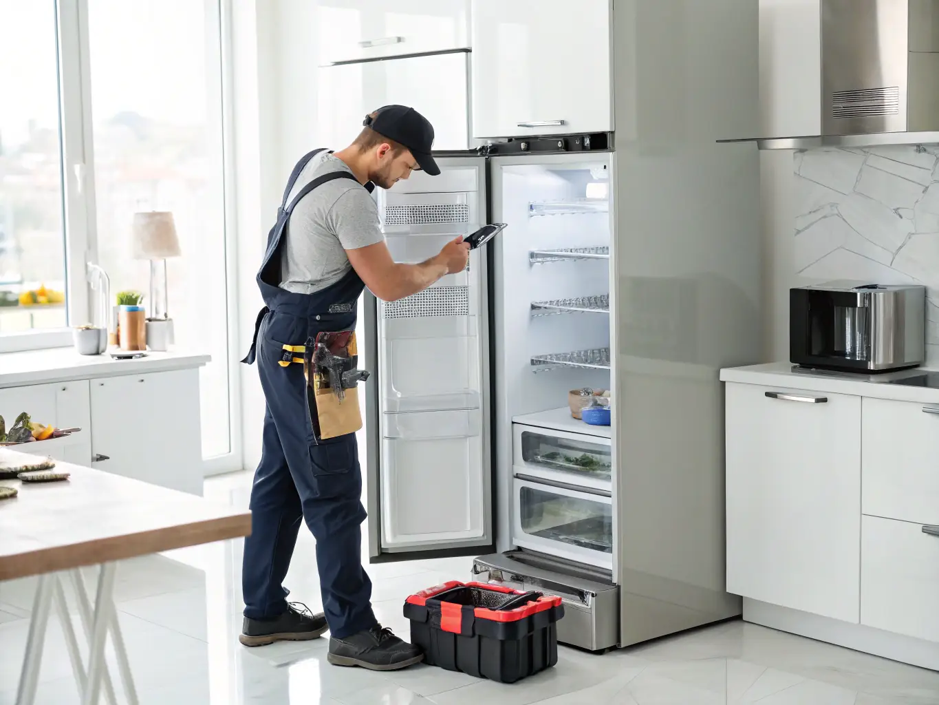 A close-up shot of a technician's hands working on the internal components of a refrigerator, with a focus on the precision and expertise involved in the repair.
