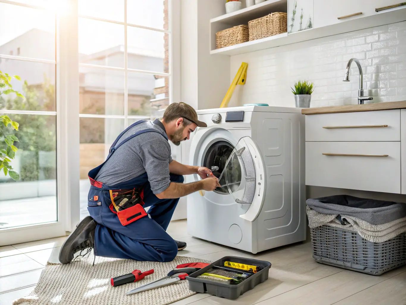 A technician repairing a washing machine in a well-lit laundry room, showcasing the tools and techniques used to diagnose and fix common washer issues.