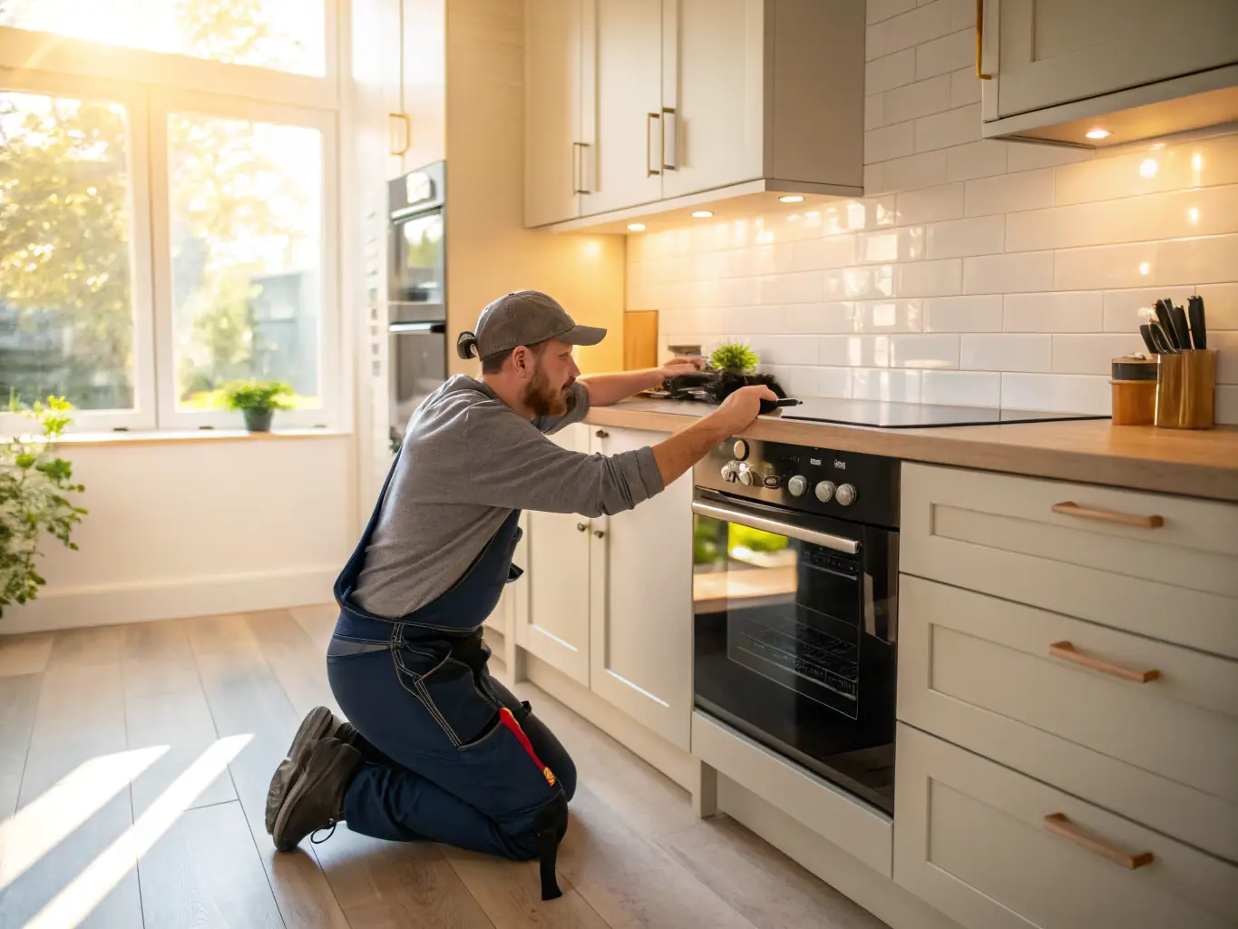 A technician working on the control panel of an oven, with a multimeter in hand, demonstrating a methodical approach to diagnosing and resolving electrical issues.