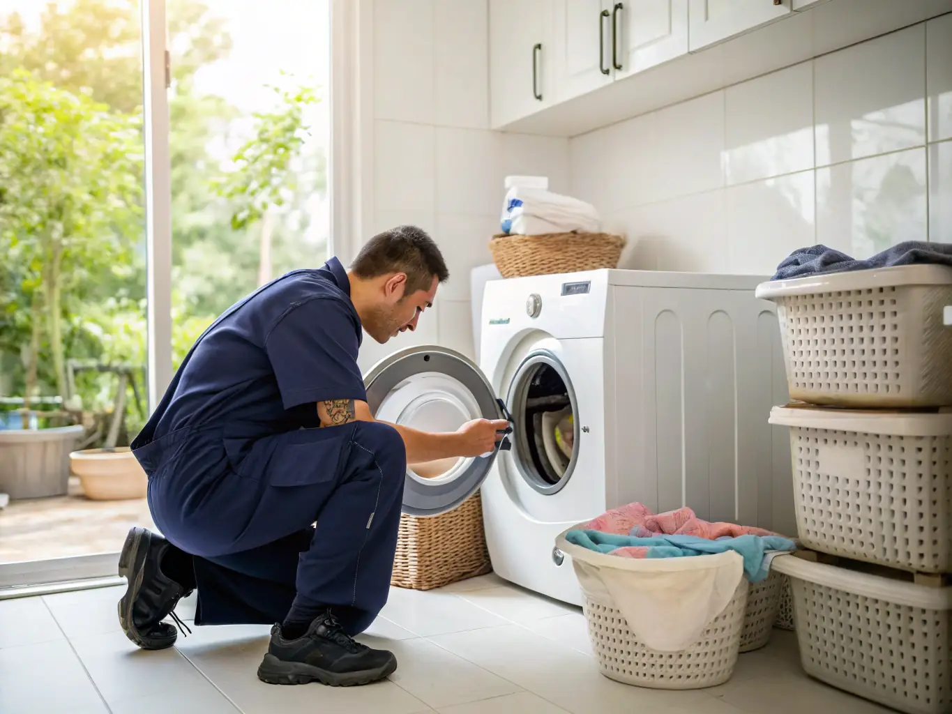 A technician carefully inspecting the drum of a washing machine, with a focus on identifying potential issues and ensuring optimal performance.