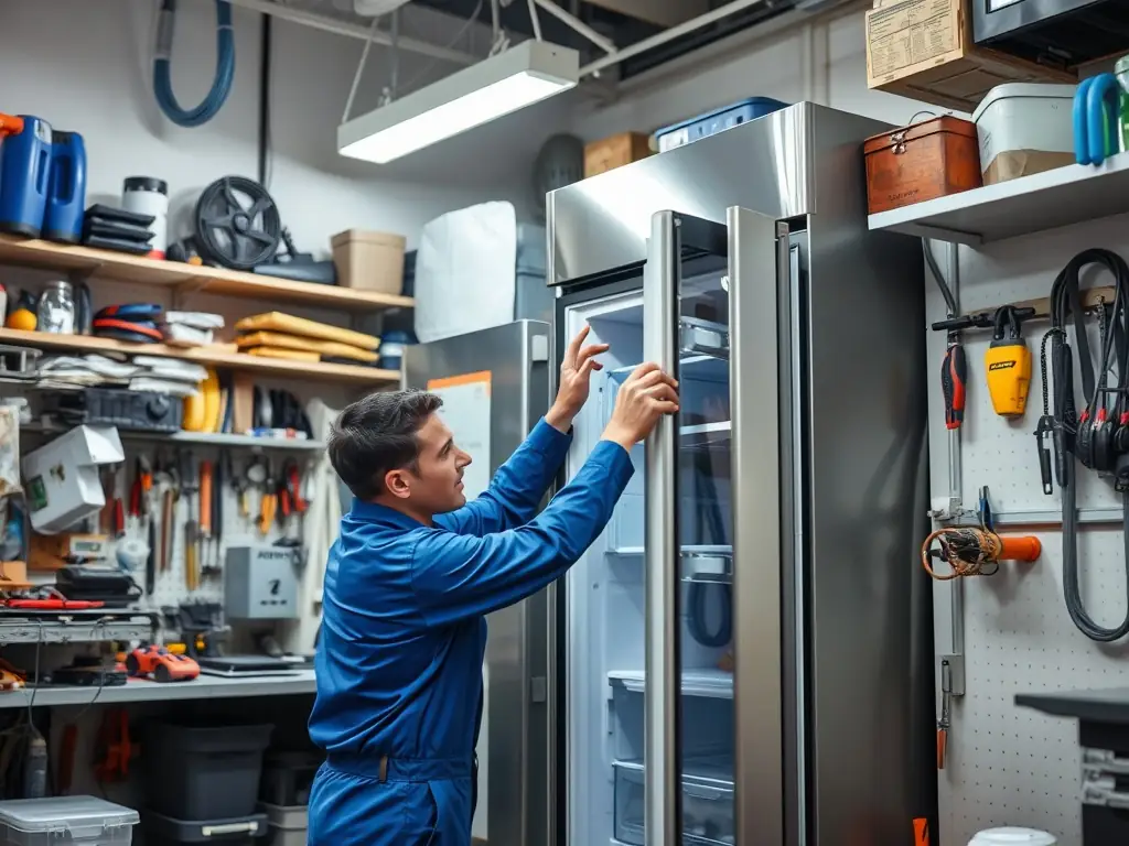 A technician expertly repairing the internal components of a refrigerator, with various tools and parts neatly organized around the workspace, showcasing precision and expertise.